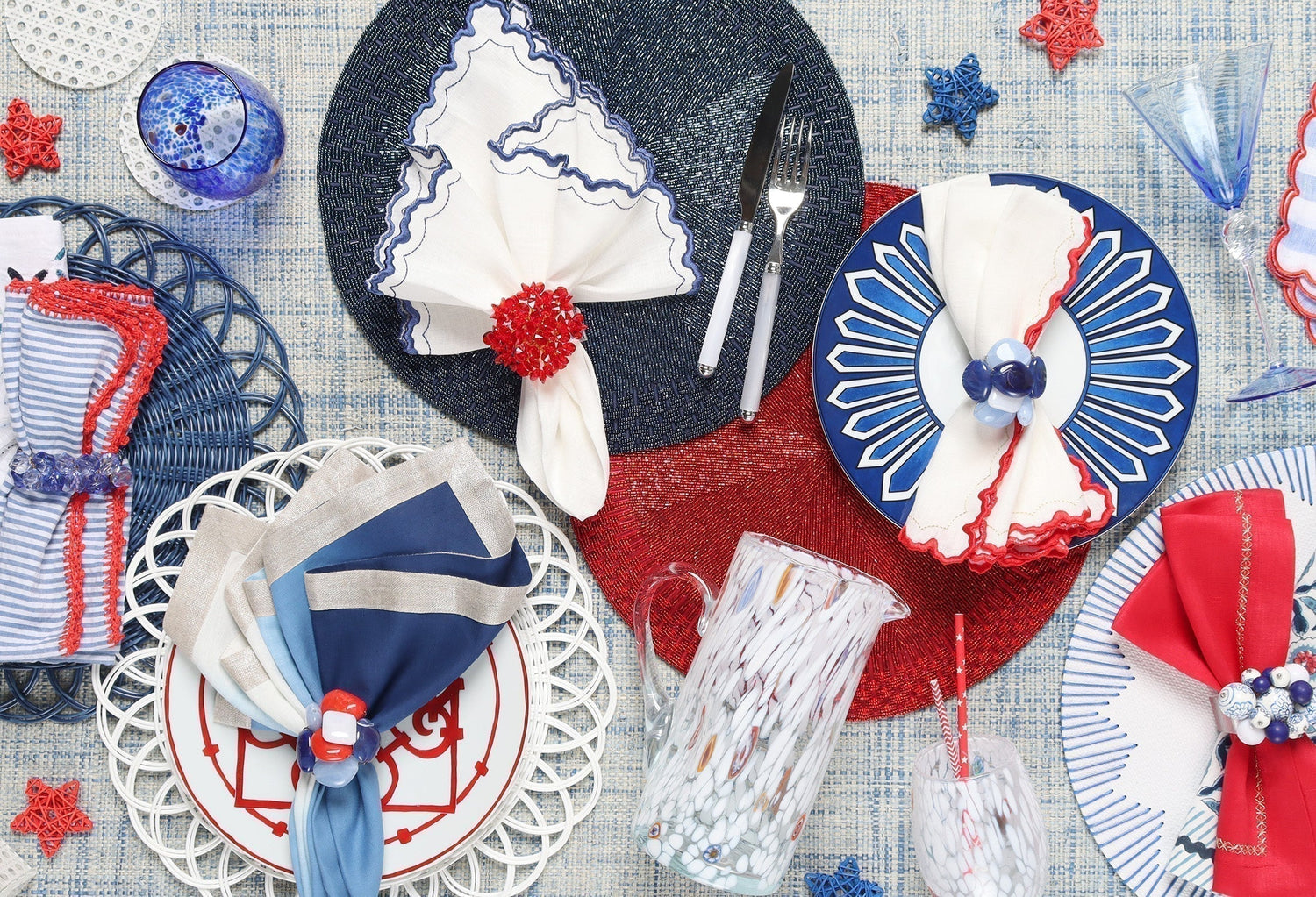 labor day decorations for tables in red, white, and blue styled by Kim Seybert