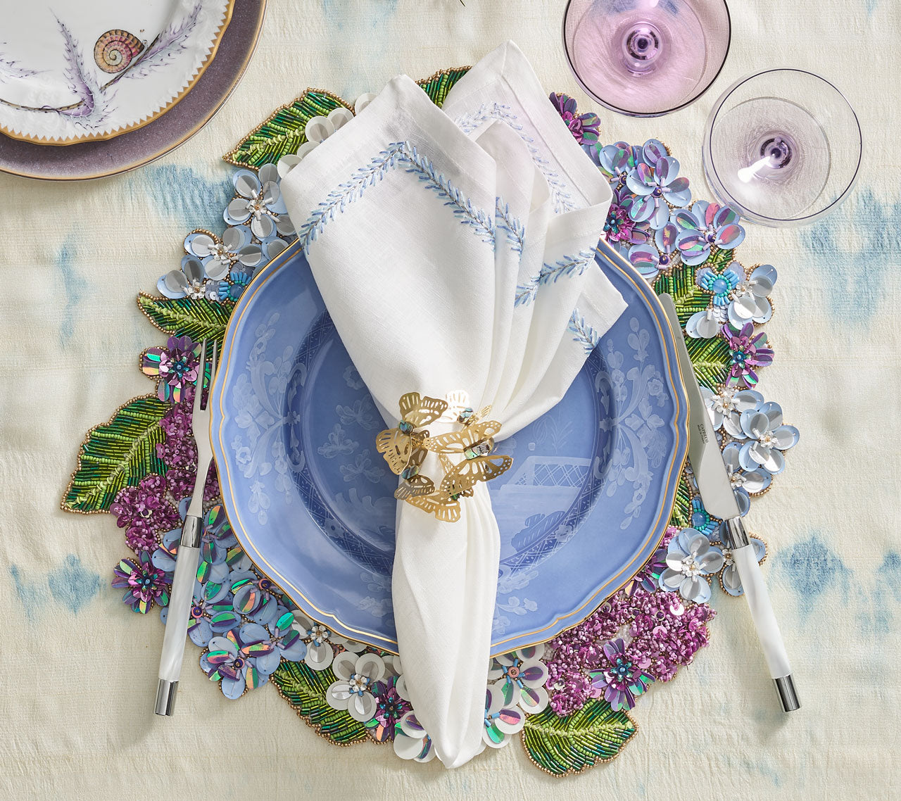 Kim Seybert Knotted Edge Napkin in White - Lilac & Blue - Set of 4