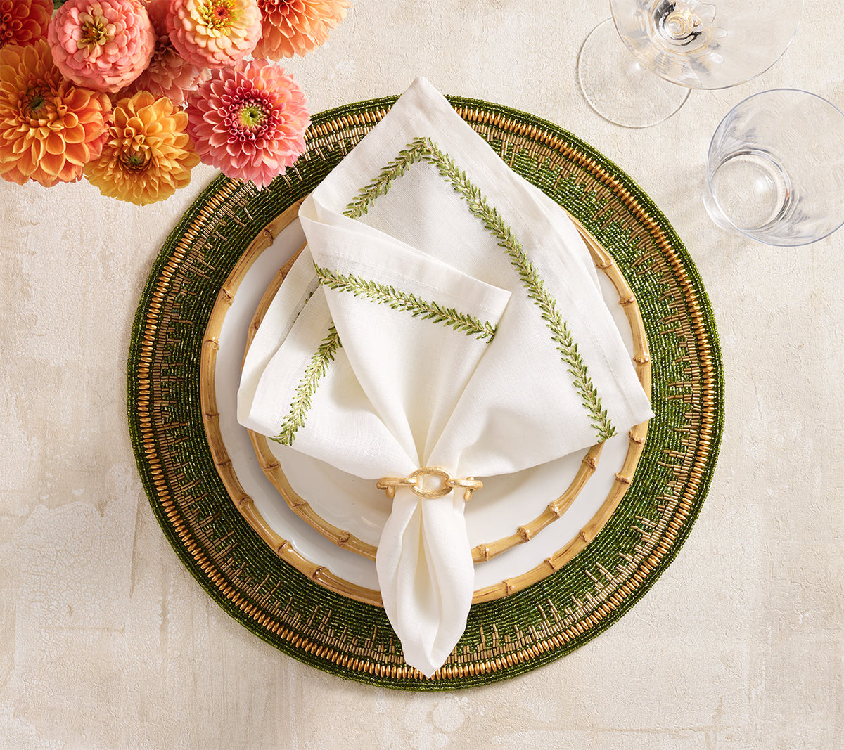 Jardin Napkin in White & Green, Set of 4