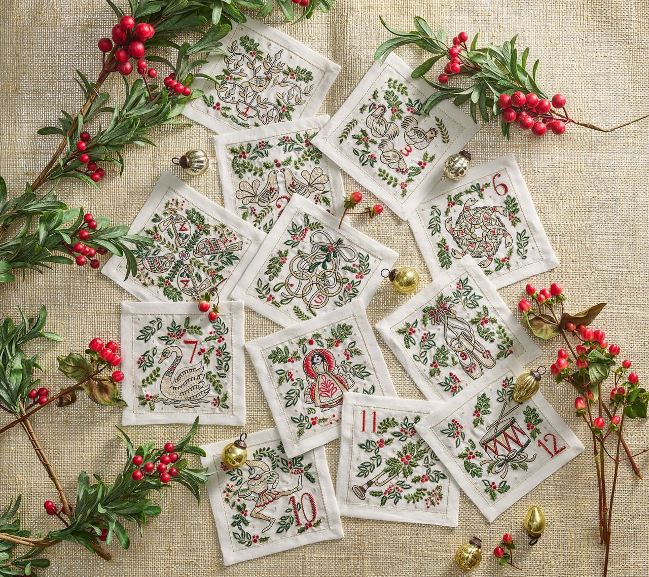 12 Days Xmas Cocktail Napkins in White & Multi , Set of 12 in a Gift Box