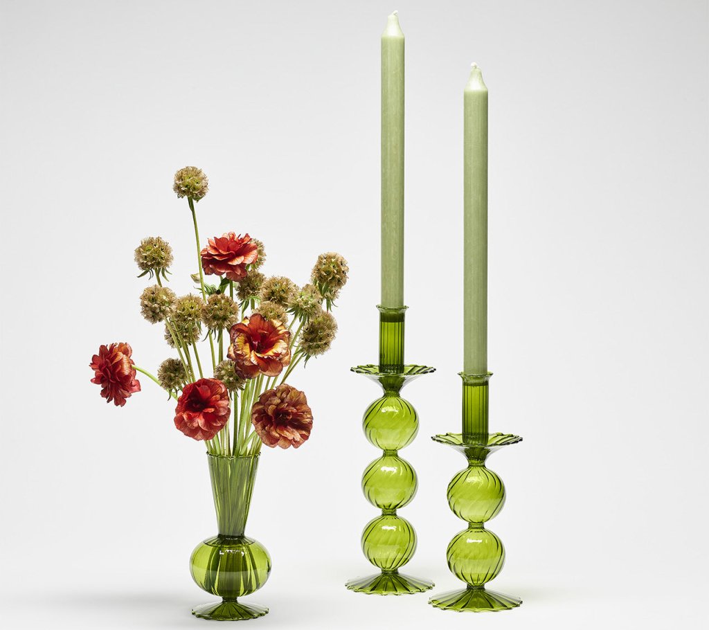 Kim Seybert, Inc.Iris Tall Candle Holder in Olive, Set of 2 in a BoxHome Decor