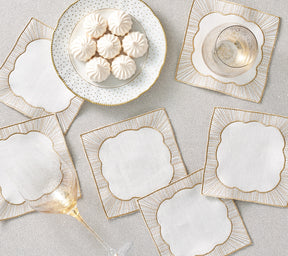 Kim Seybert Luxury Frame Cocktail Napkin in White, Gold & Silver