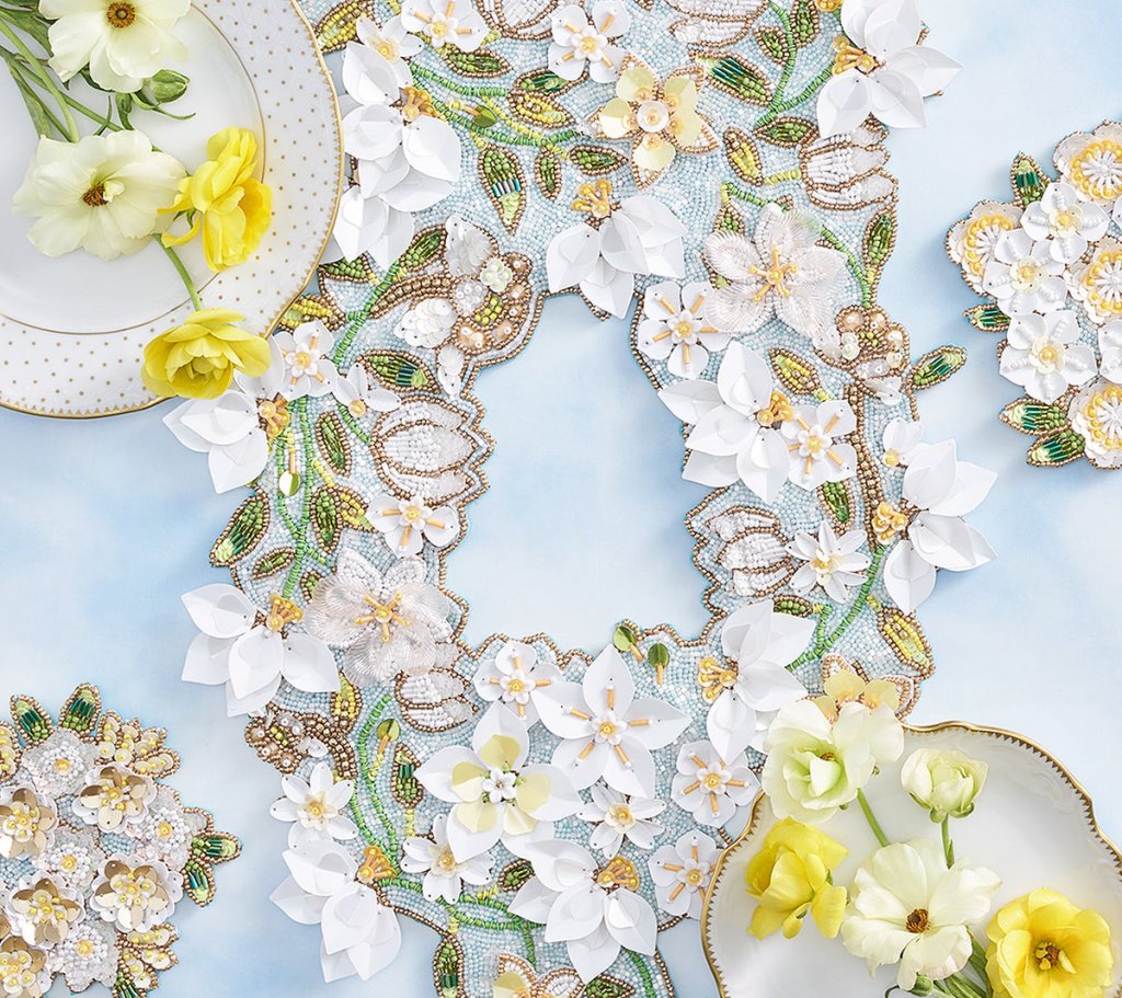 Kim Seybert, Inc.Gardenia Drink Coasters in Sky, White & Yellow, Set of 4 in a Gift BagDrink Coasters