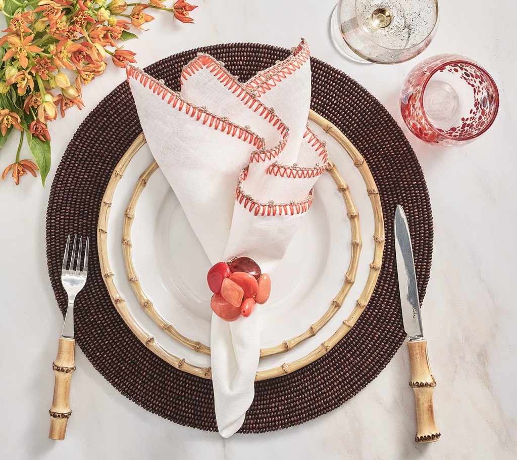 Knotted Edge Napkin in White, Natural & Orange, Set of 4