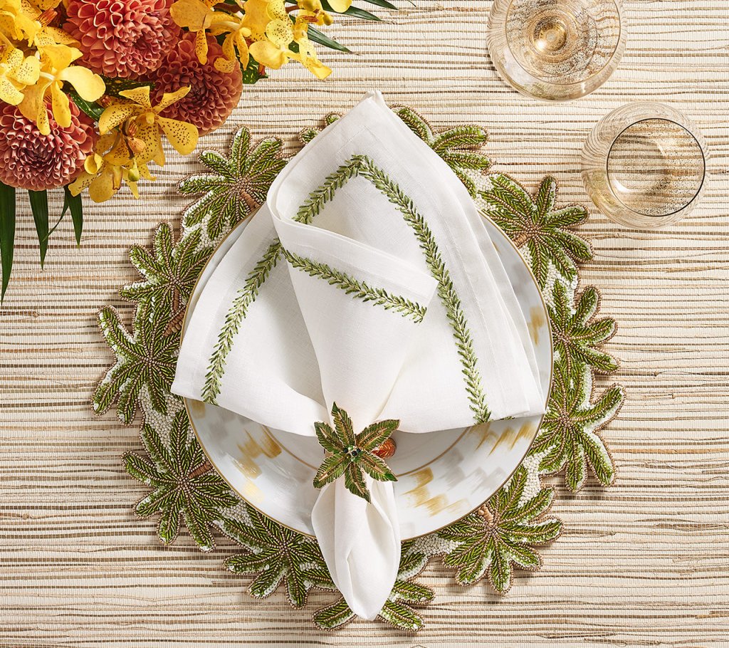 Kim Seybert, Inc.Palm Coast Napkin Ring in Green & Gold, Set of 4 in a Gift BoxNapkin Rings