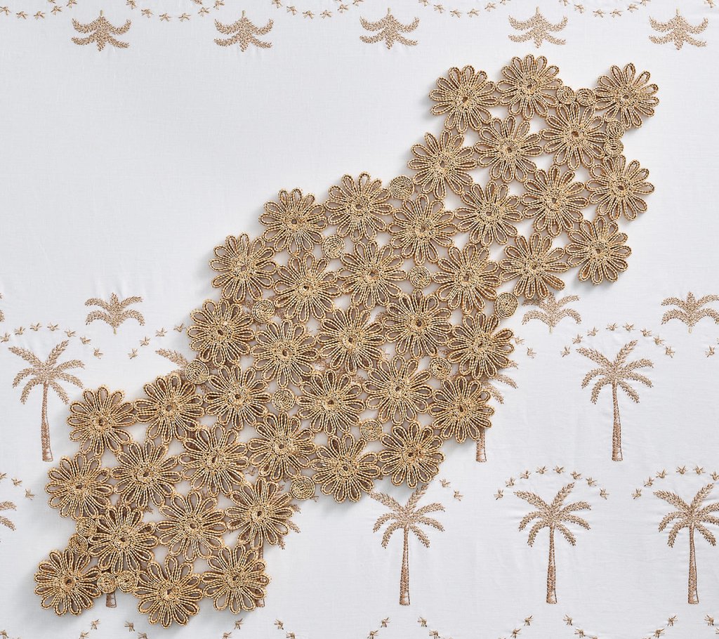 Kim Seybert, Inc.Embroidered Palm Tablecloth in White, Natural & GoldTablecloths