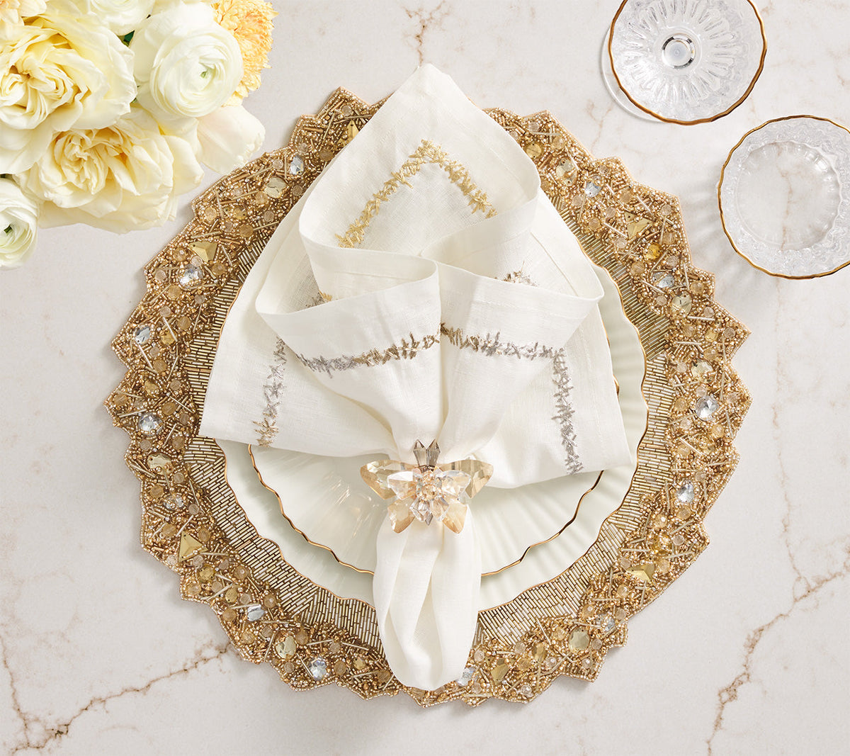 Aurelia Napkin in White, Gold & Silver, Set of 4