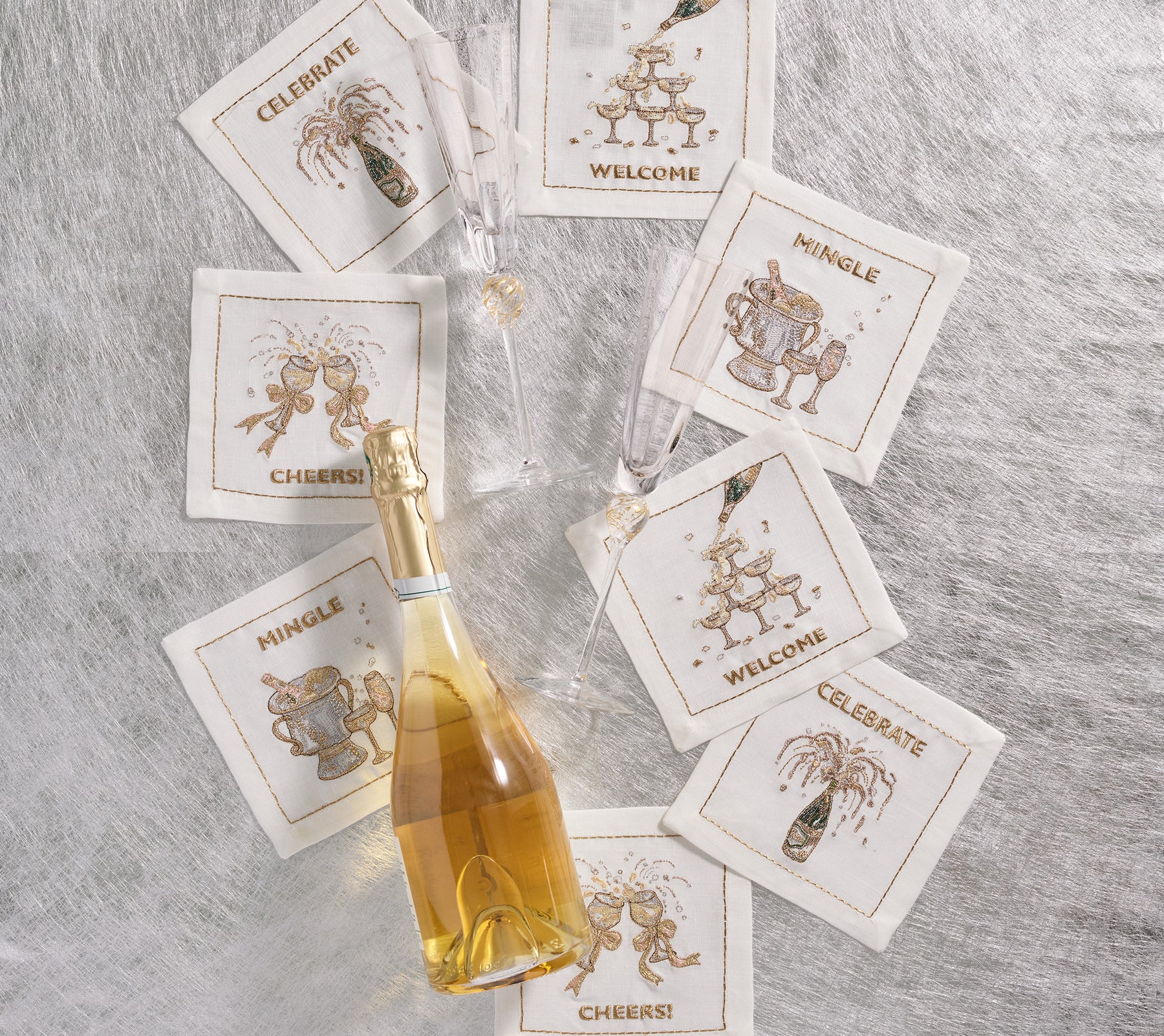 Cheers Cocktail Napkin in White, Gold & Silver, Set of 8 in a Gift Box