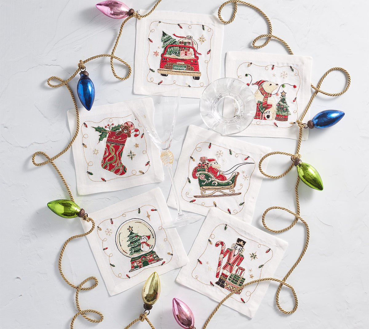 Holly Jolly Cocktail Napkin in White & Multi, Set of 6 in a Gift Box