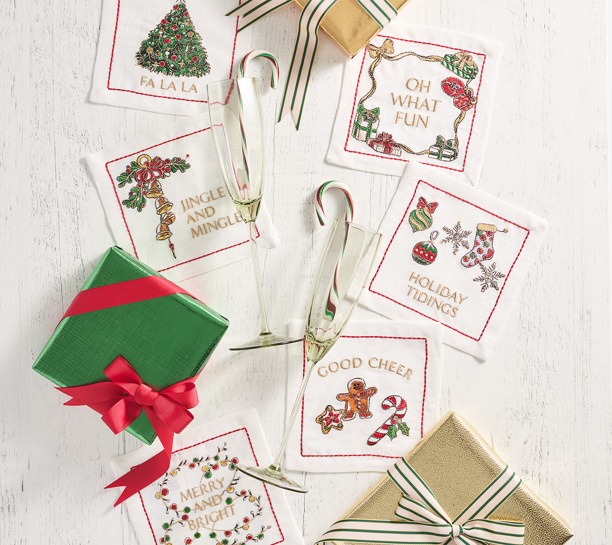 Merry and Bright Cocktail Napkin in White, Red & Green, Set of 6 in a Gift Box