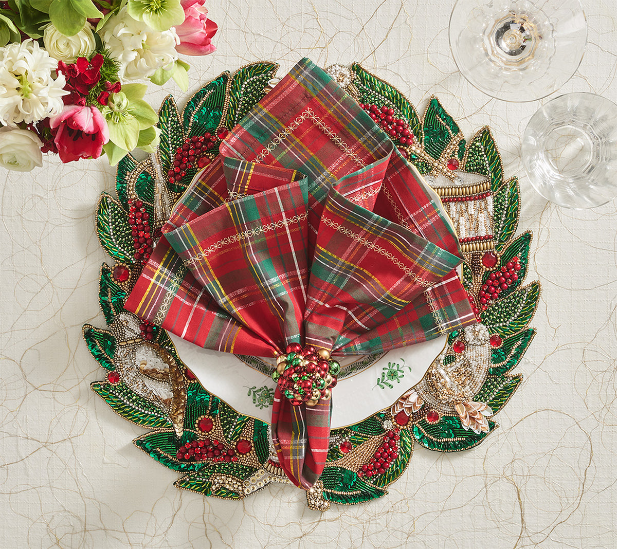 Holiday Threads Napkin in Red, Green & Gold