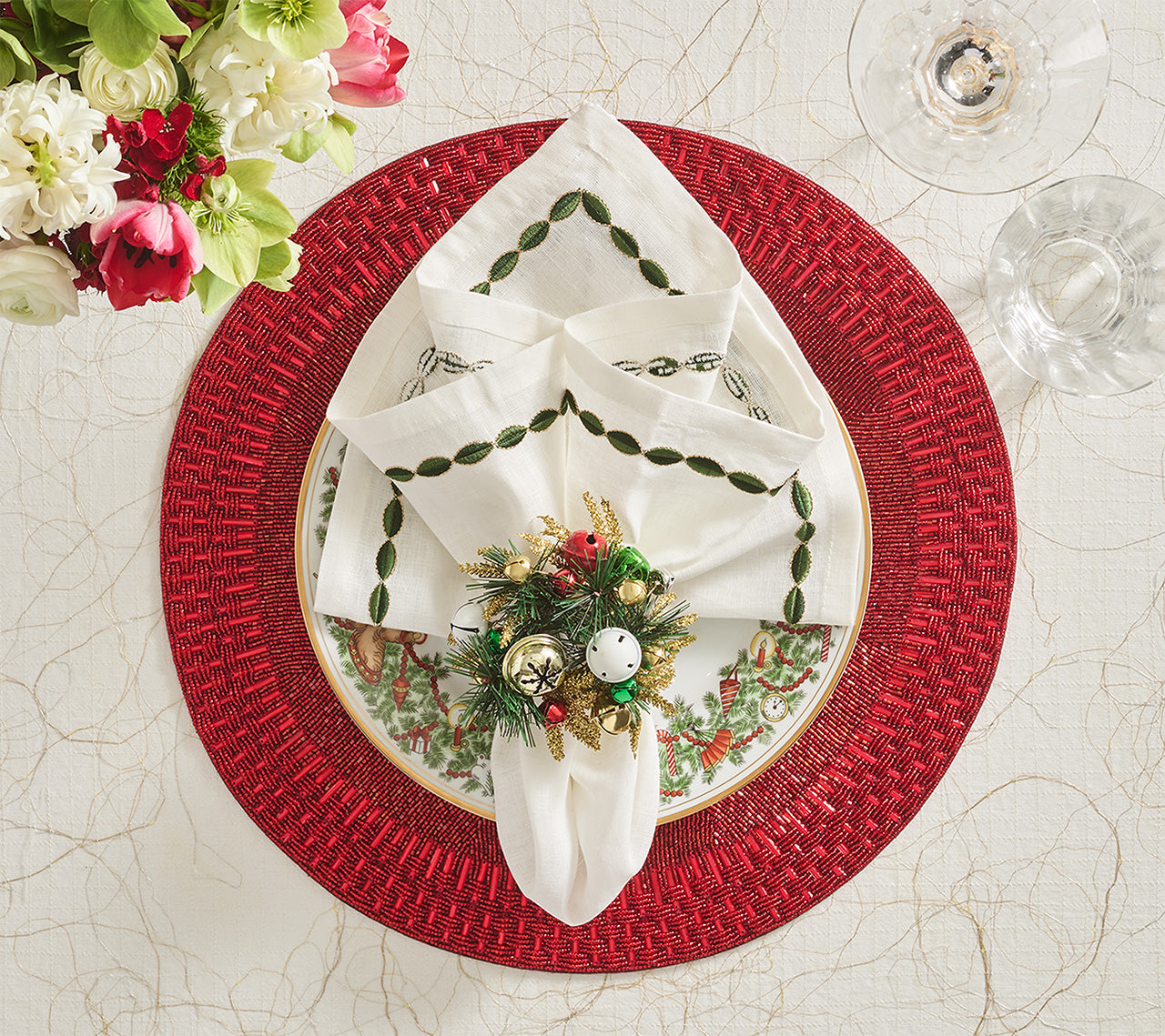 Jingle Bells Napkin Ring in Green, Red & Gold, Set of 4