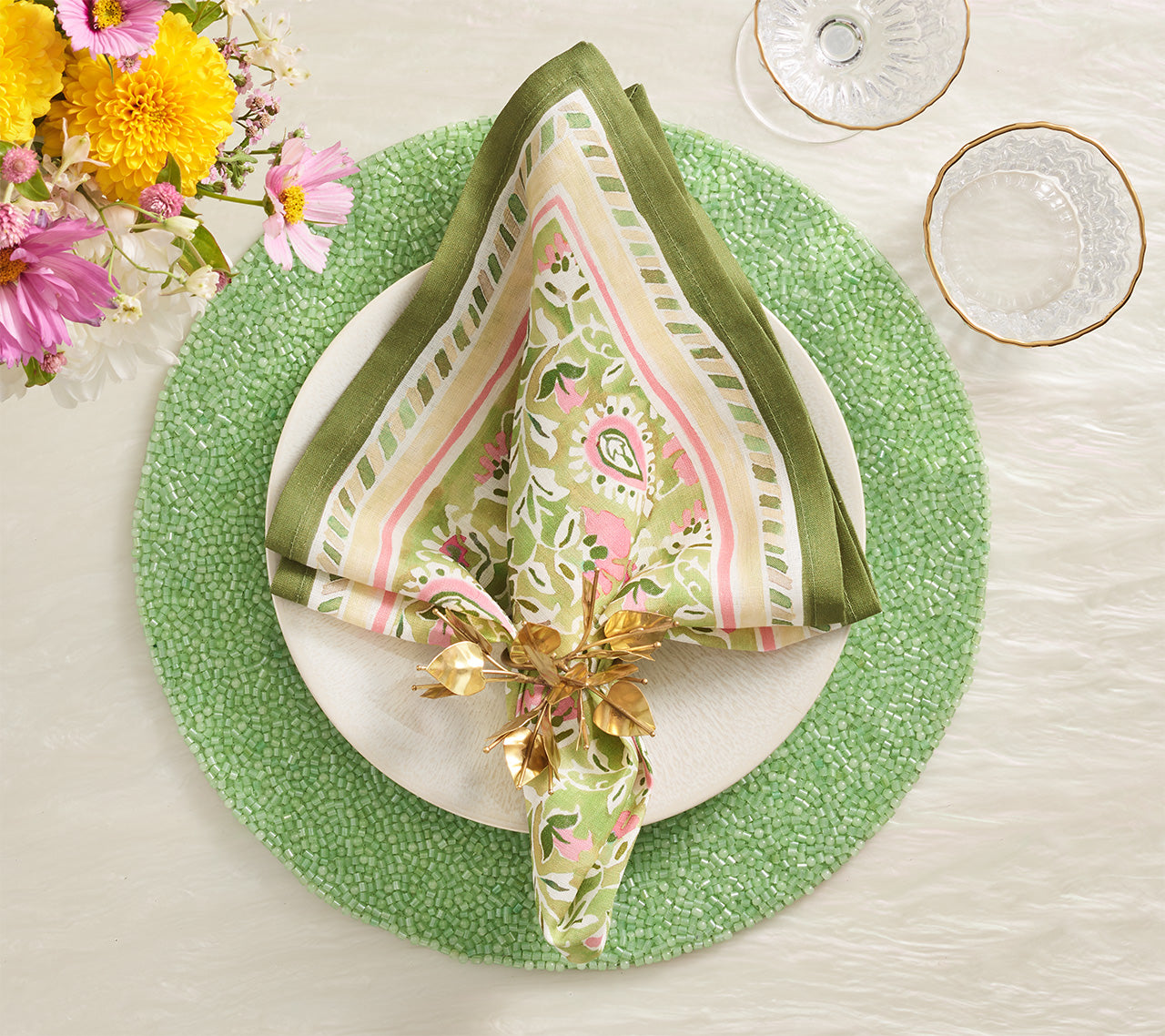 Mira Napkin in Green & Pink, Set of 4