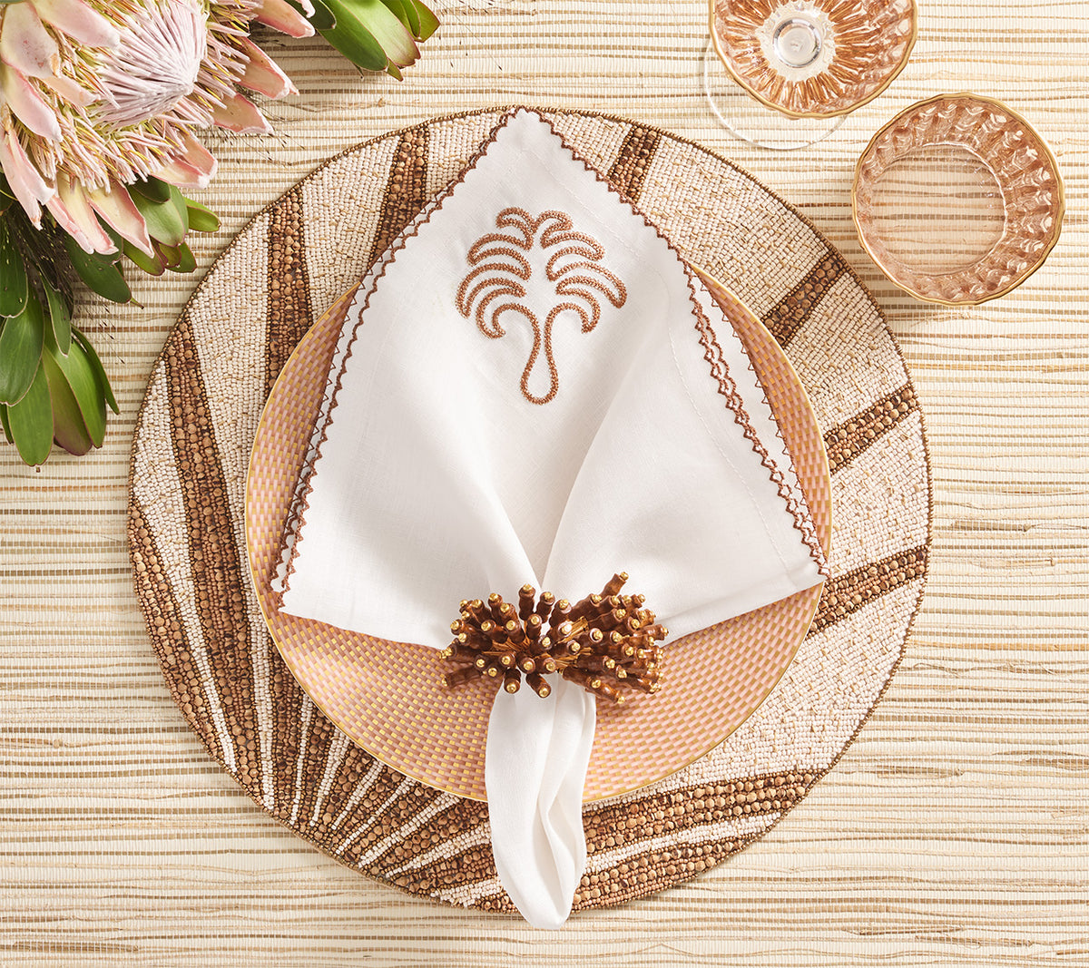 Royal Palm Napkin in White & Brown, Set of 4