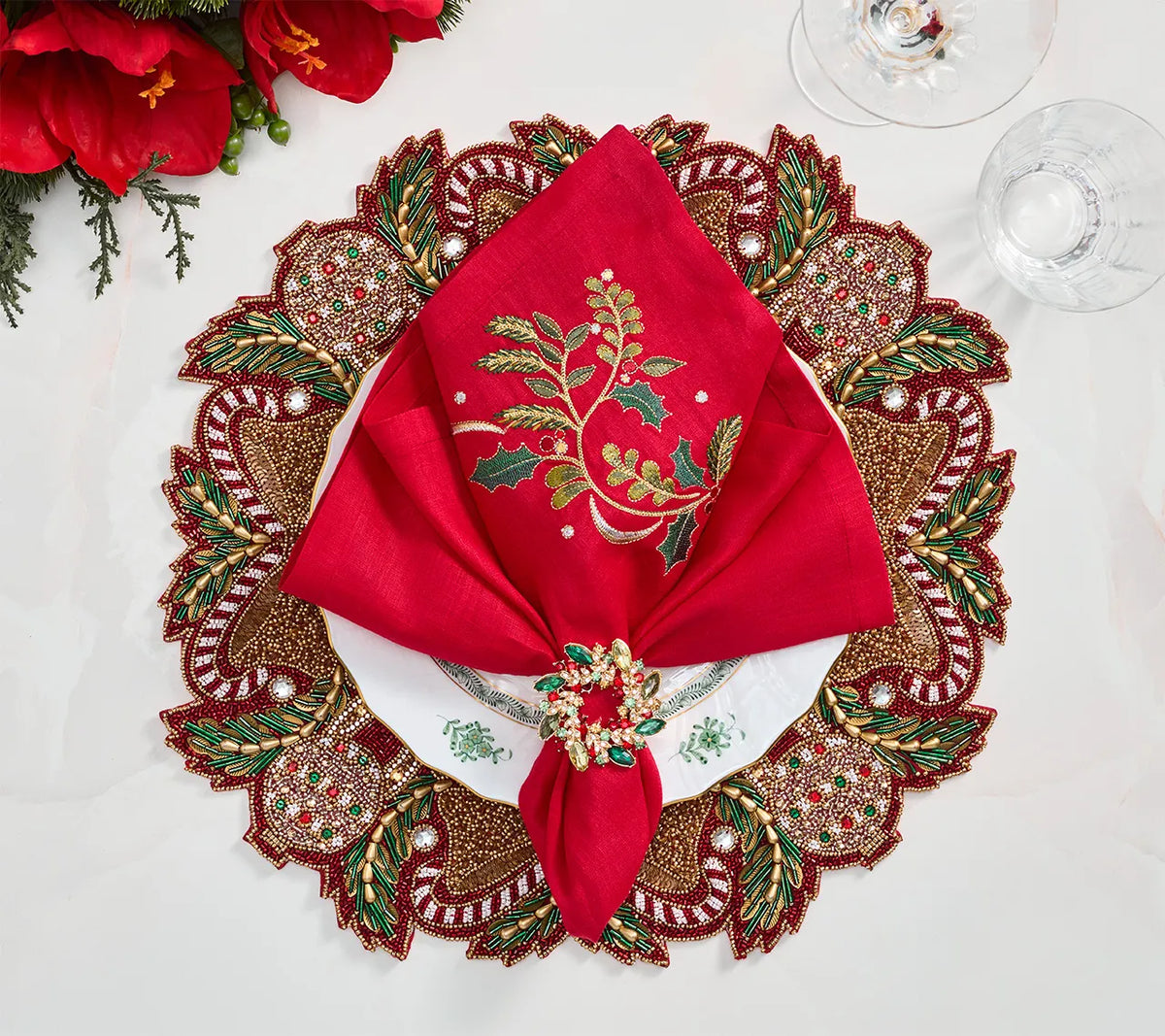 Candy Cane Bow Placemat in Red, Green & Gold, Set of 2