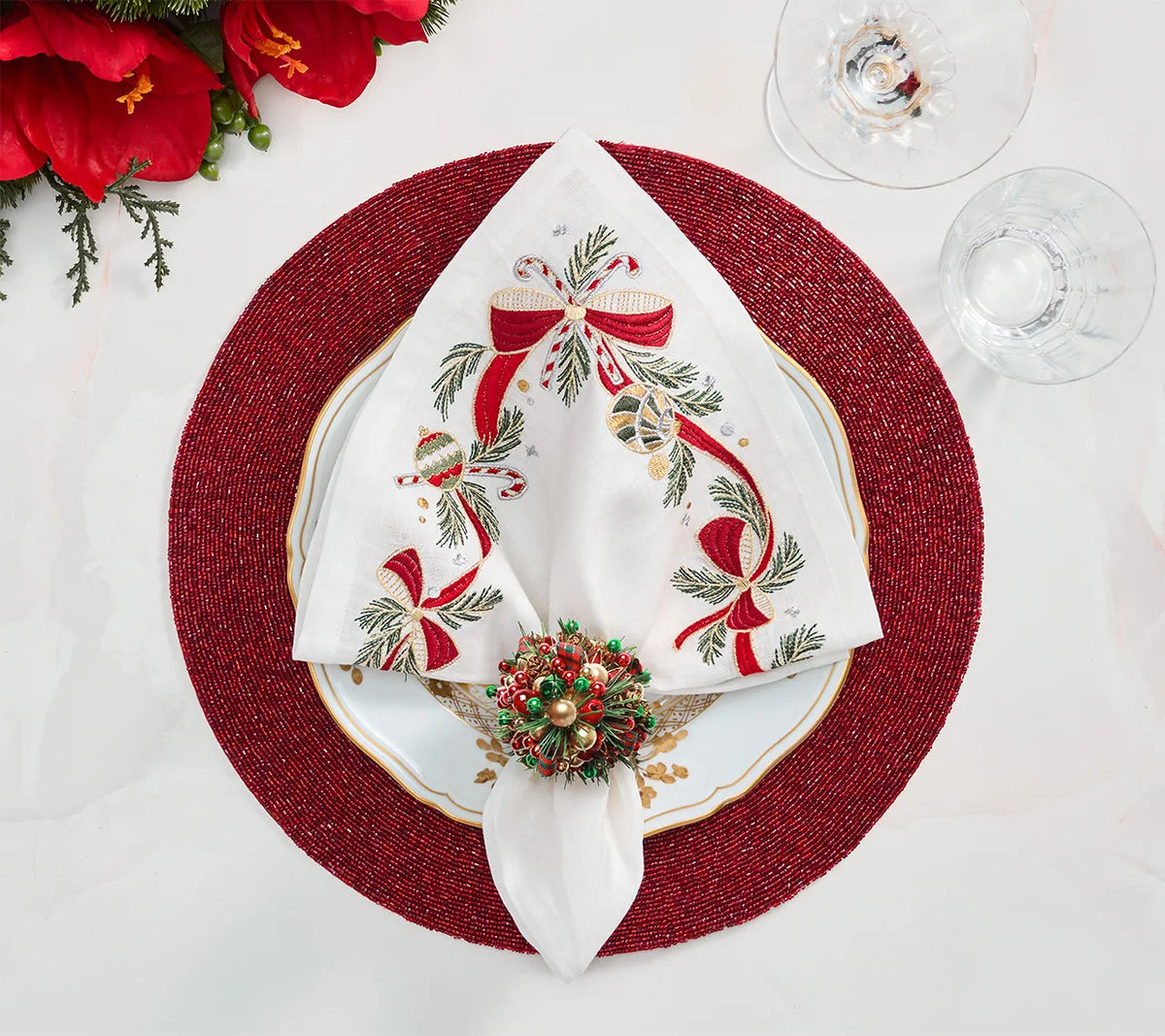 Tinsel Tree Napkin Ring in Red, Green & Gold, Set of 4