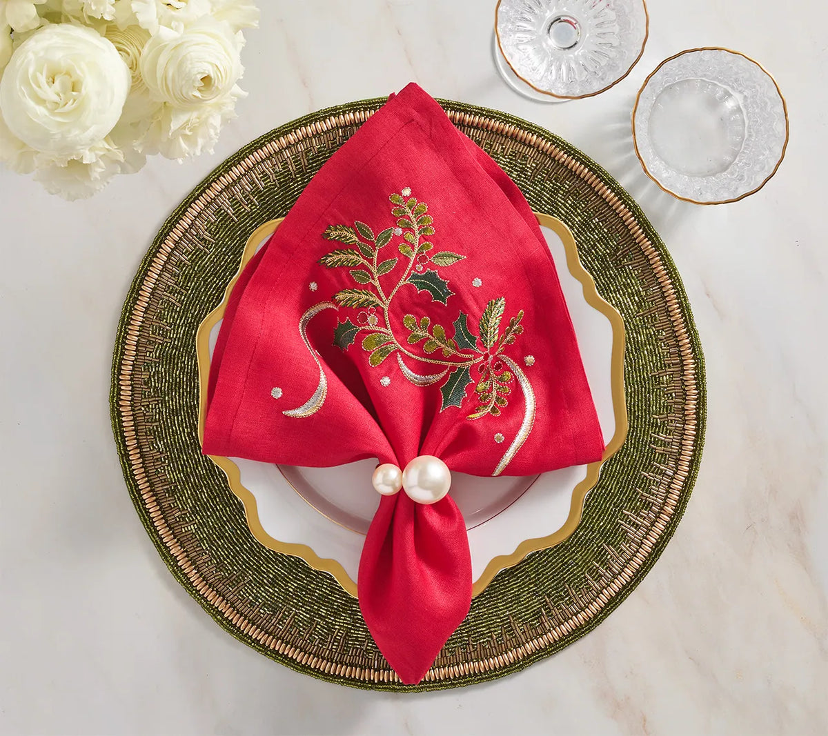 Holly Ribbon Napkin in Red, Green & Gold, Set of 4