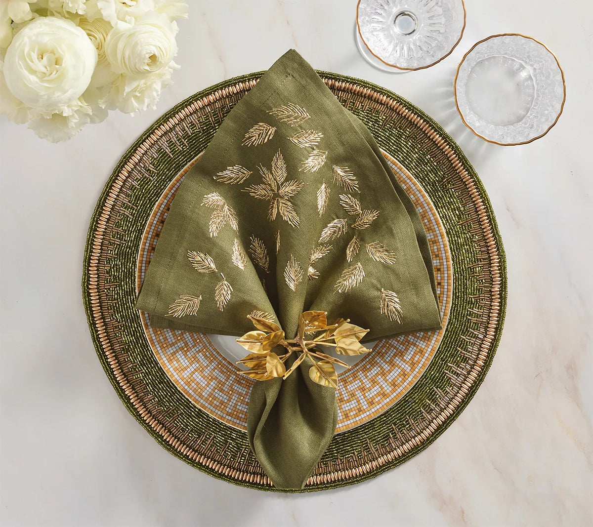 Gilded Breeze Napkin in Olive & Gold, Set of 4