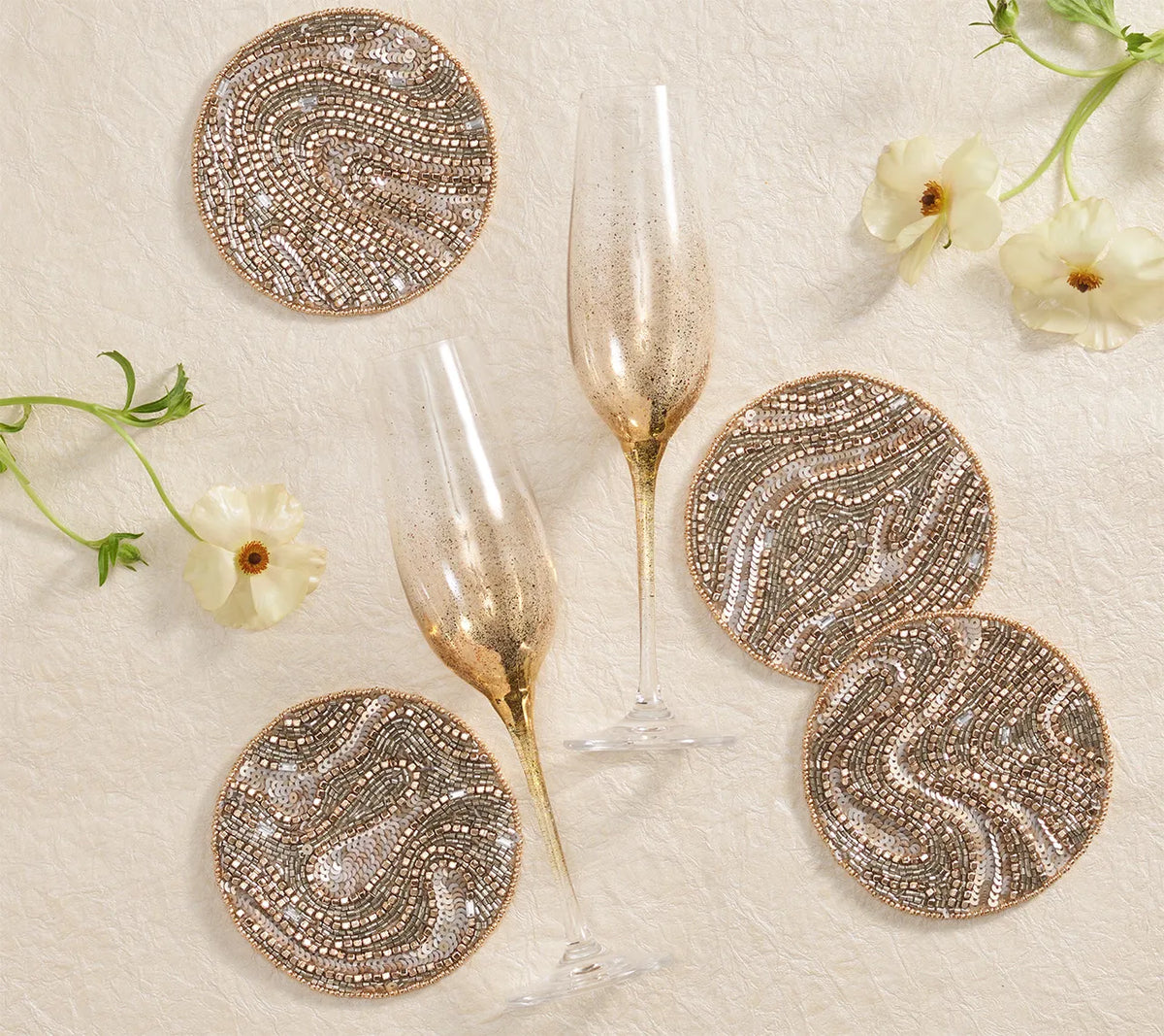 Luster Drink Coasters in Gold & Silver, Set of 4 in a Gift Bag