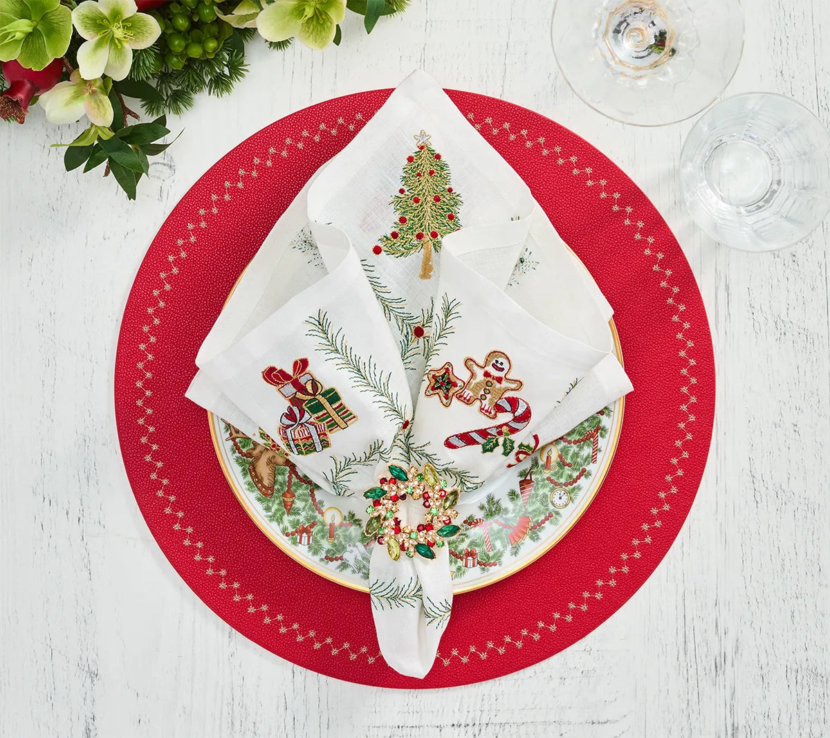 Xmas Trellis Napkin in White, Red & Green, Set of 4