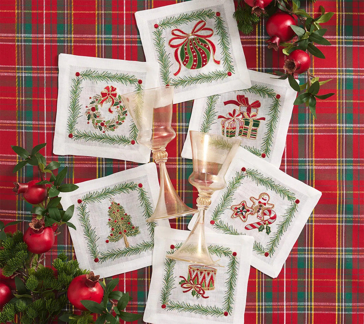 Xmas Trellis Cocktail Napkins in White & Multi, Set of 6 in a Gift Box