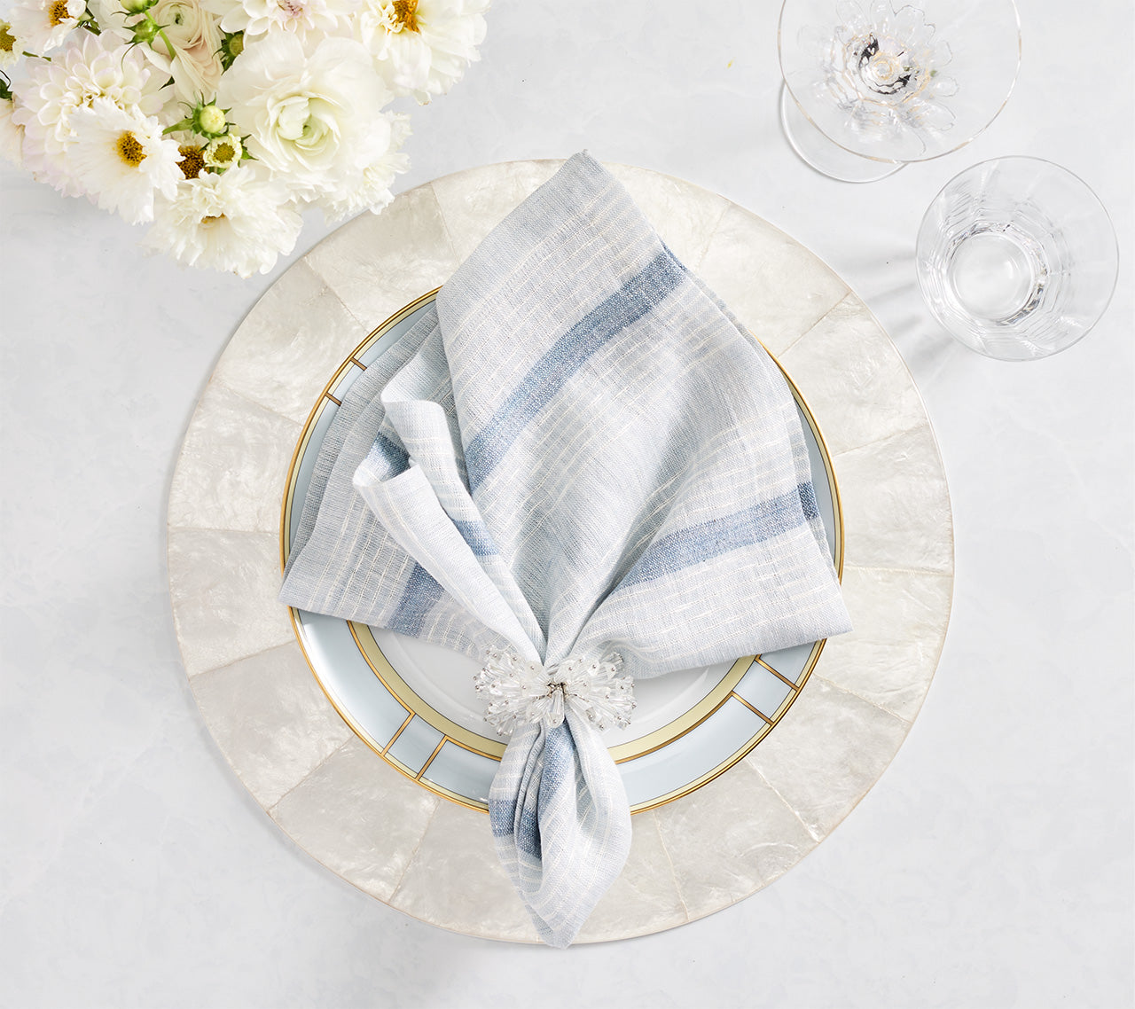 Ribbon Stripe Napkin in Ivory & Blue, Set of 4