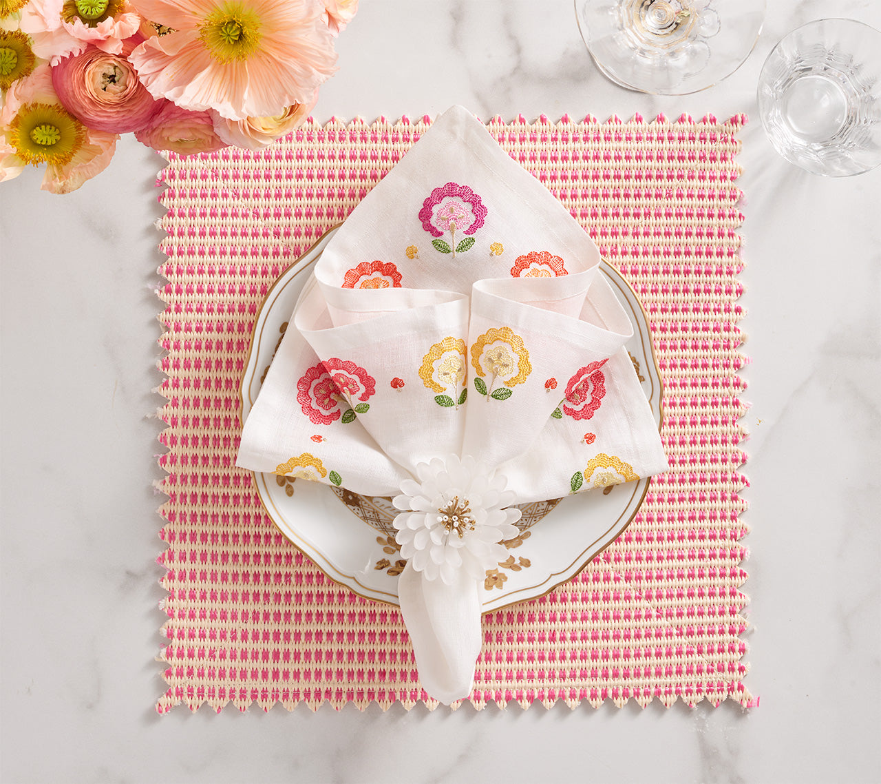 Carnation Napkin in White, Pink & Orange, Set of 4