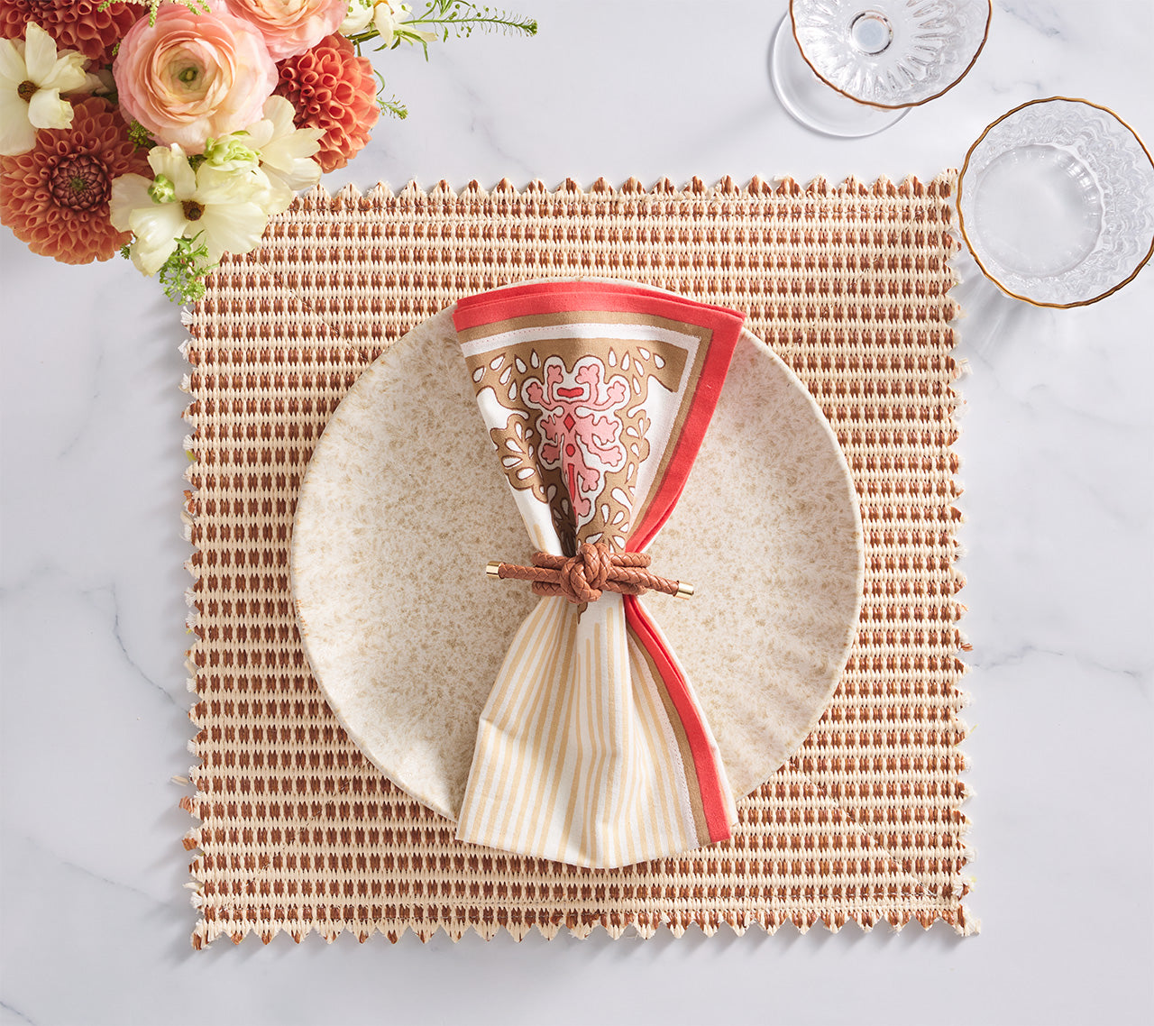 Filigree Napkin in White, Coral & Brown, Set of 4