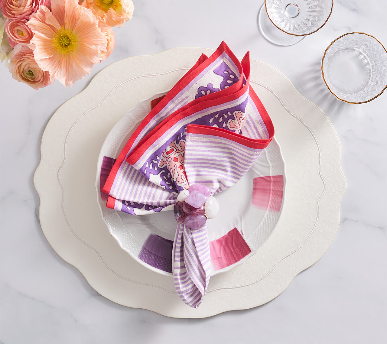Filigree Napkin in White, Lilac & Coral, Set of 4
