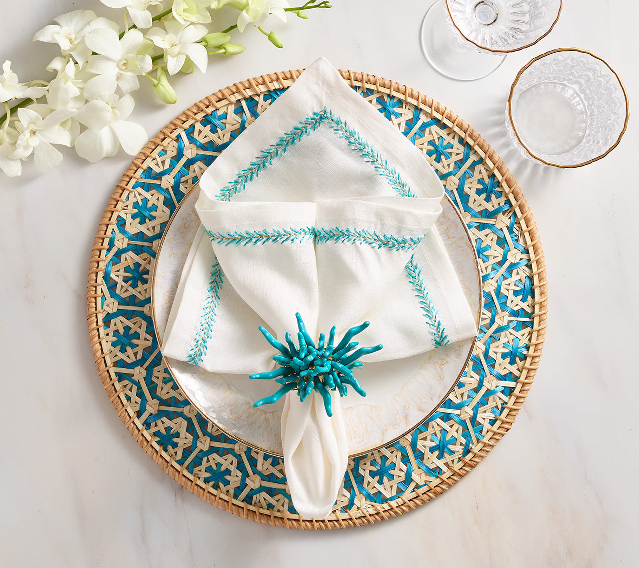 Lanai Placemat in Natural & Turquoise, Set of 4
