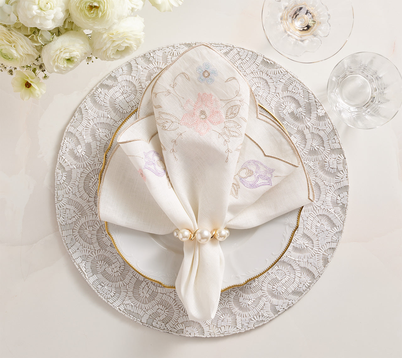 Printemps Napkin in White & Multi, Set of 4