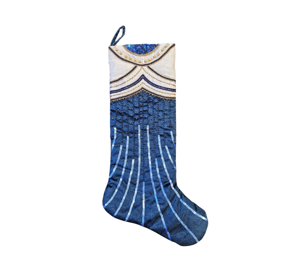 Sample: Midnight Blues Stocking in Blue, White, and Gold