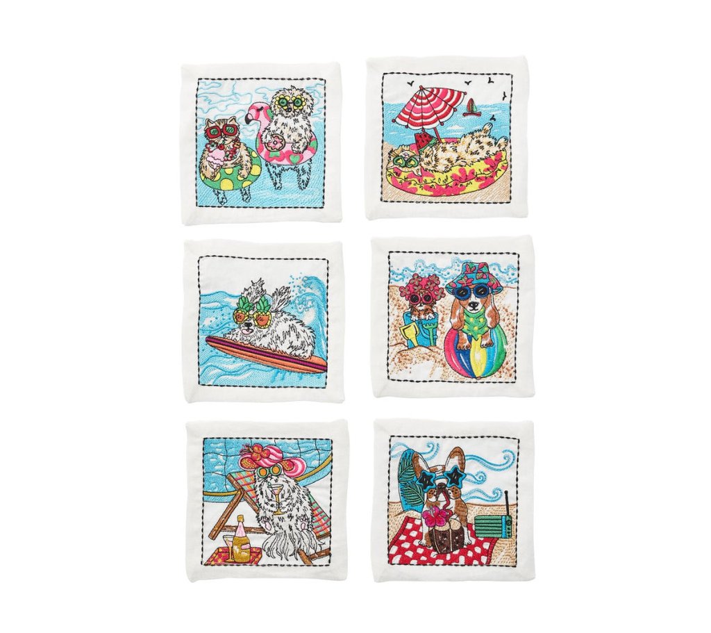 Kim Seybert, Inc.Bow Meow Cocktail Napkins in White & Multi, Set of 6 in a Gift BoxCocktail Napkins