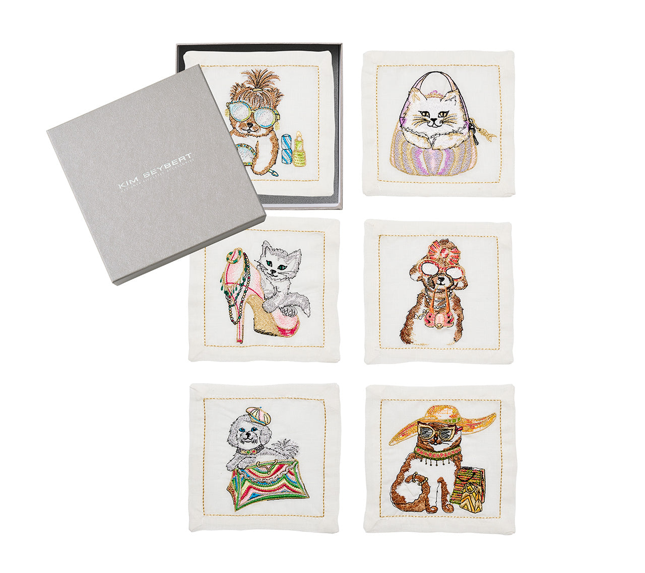 Diva Pets Cocktail Napkins in White & Multi, Set of 6 in a Gift Box