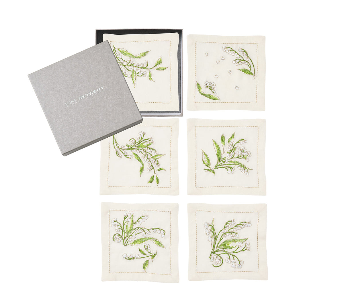 Vale Cocktail Napkin in White & Green, Set of 6 in a Gift Box