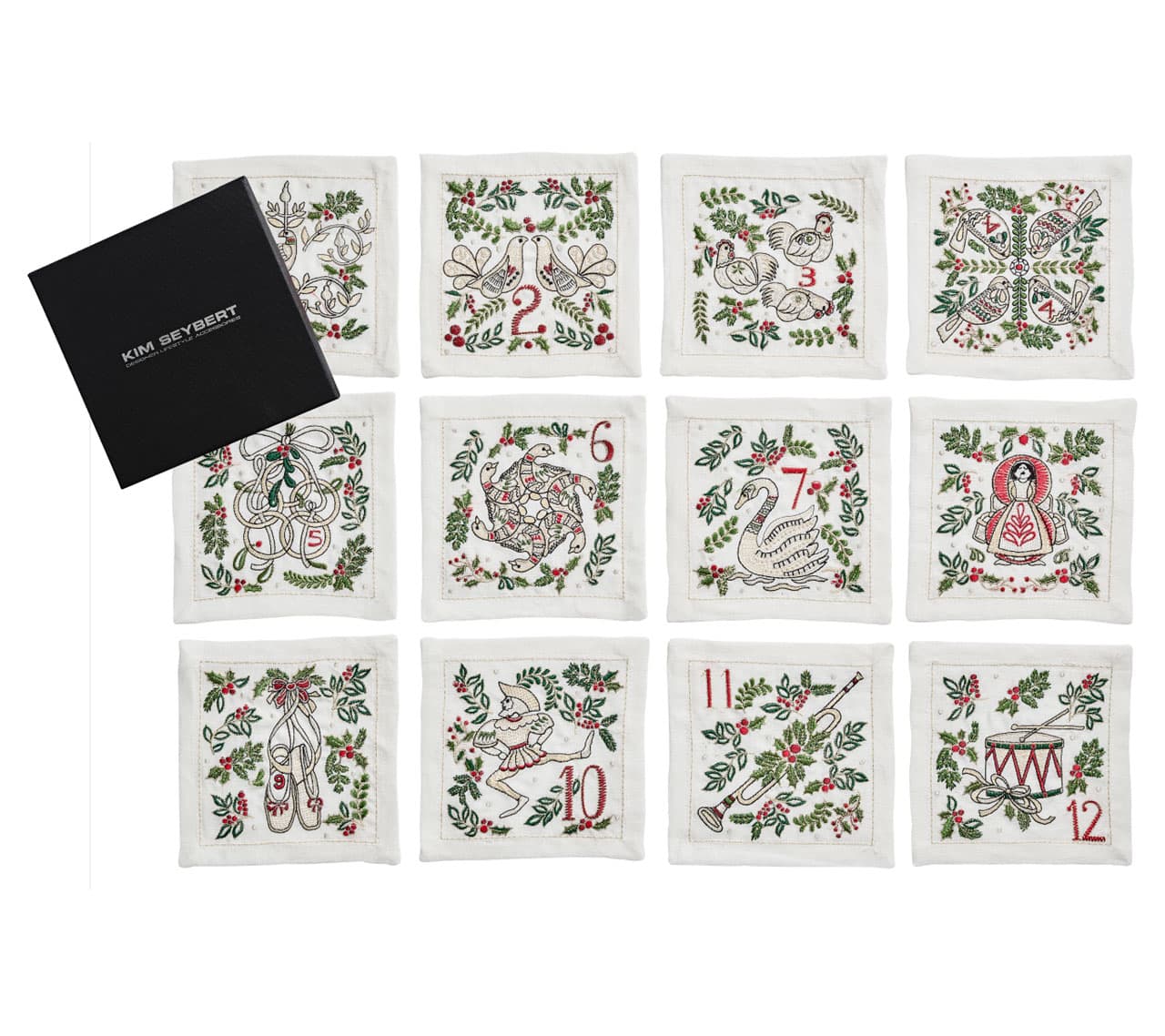 12 Days Xmas Cocktail Napkins in White & Multi , Set of 12 in a Gift Box