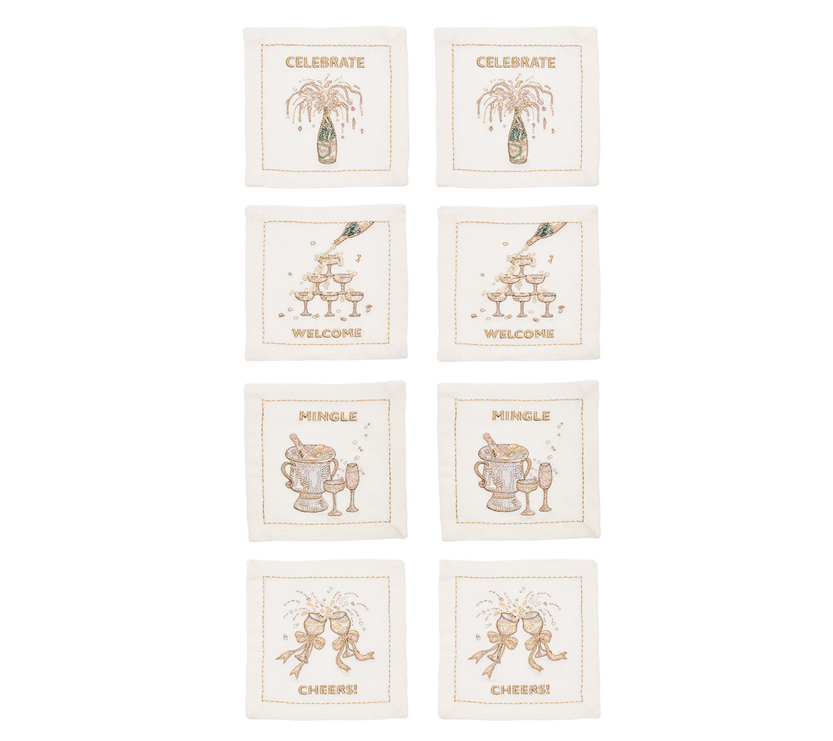 Cheers Cocktail Napkin in White, Gold & Silver, Set of 8 in a Gift Box