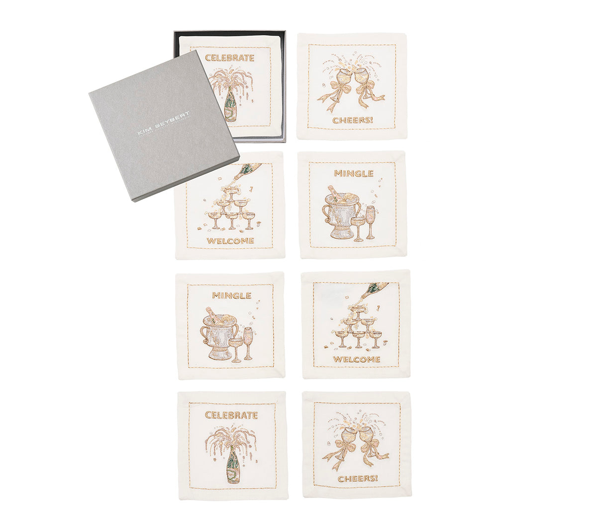 Cheers Cocktail Napkin in White, Gold & Silver, Set of 8 in a Gift Box