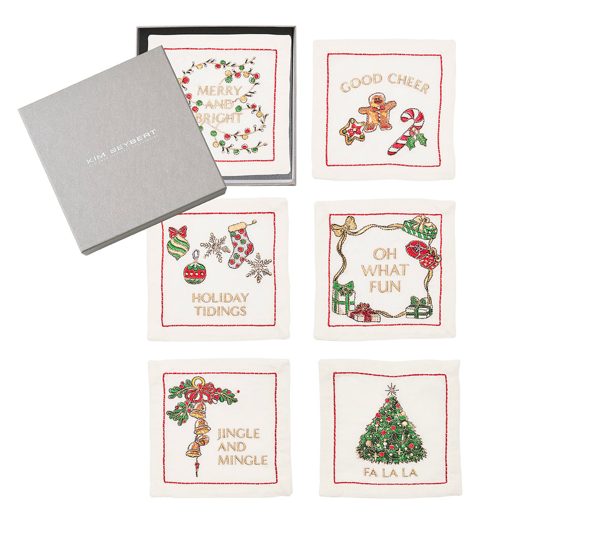 Merry and Bright Cocktail Napkin in White, Red & Green, Set of 6 in a Gift Box