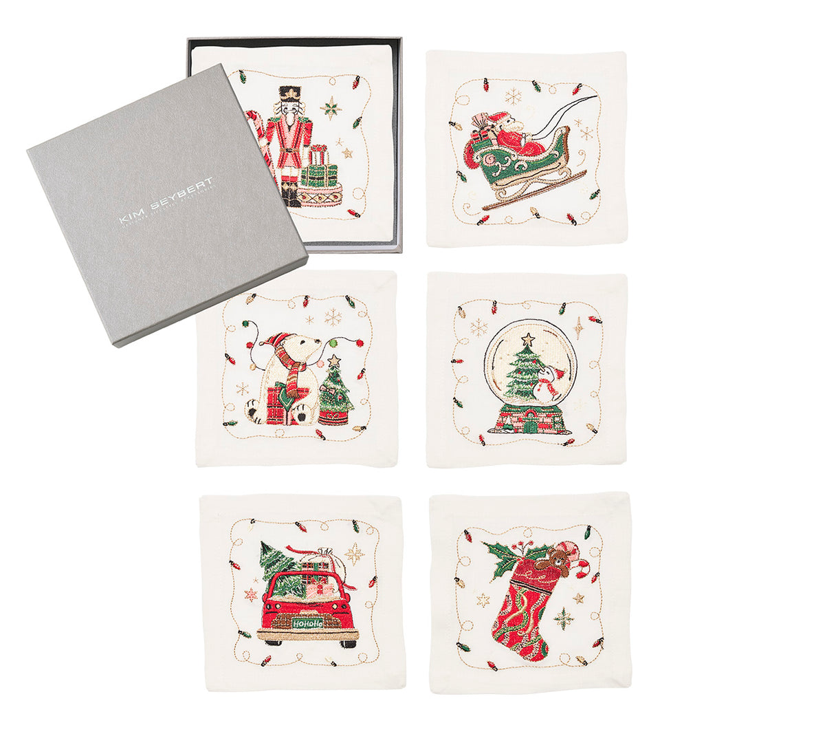 Holly Jolly Cocktail Napkin in White & Multi, Set of 6 in a Gift Box