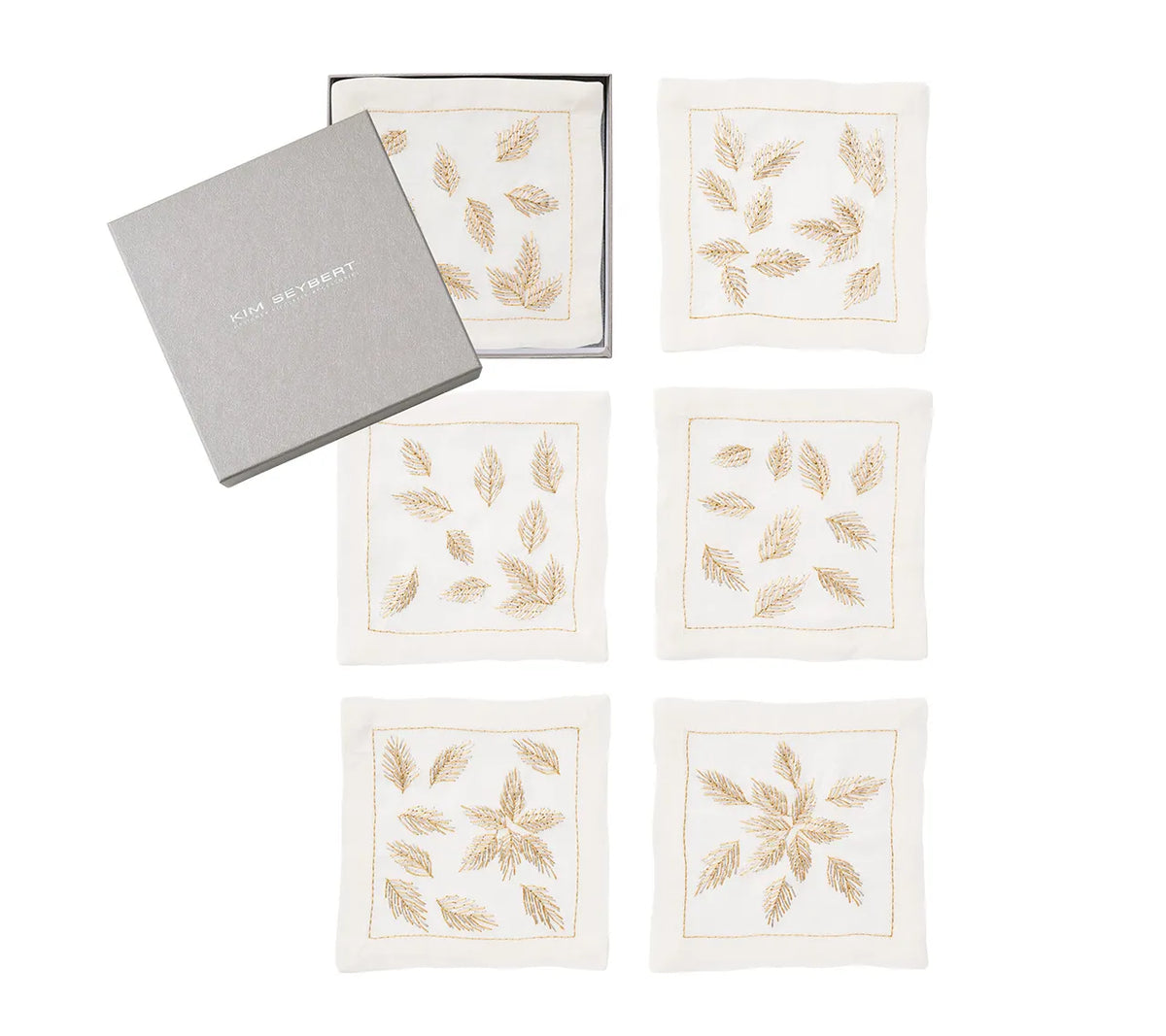 Gilded Breeze Cocktail Napkins in White, Gold & Silver, Set of 6 in a Gift Box