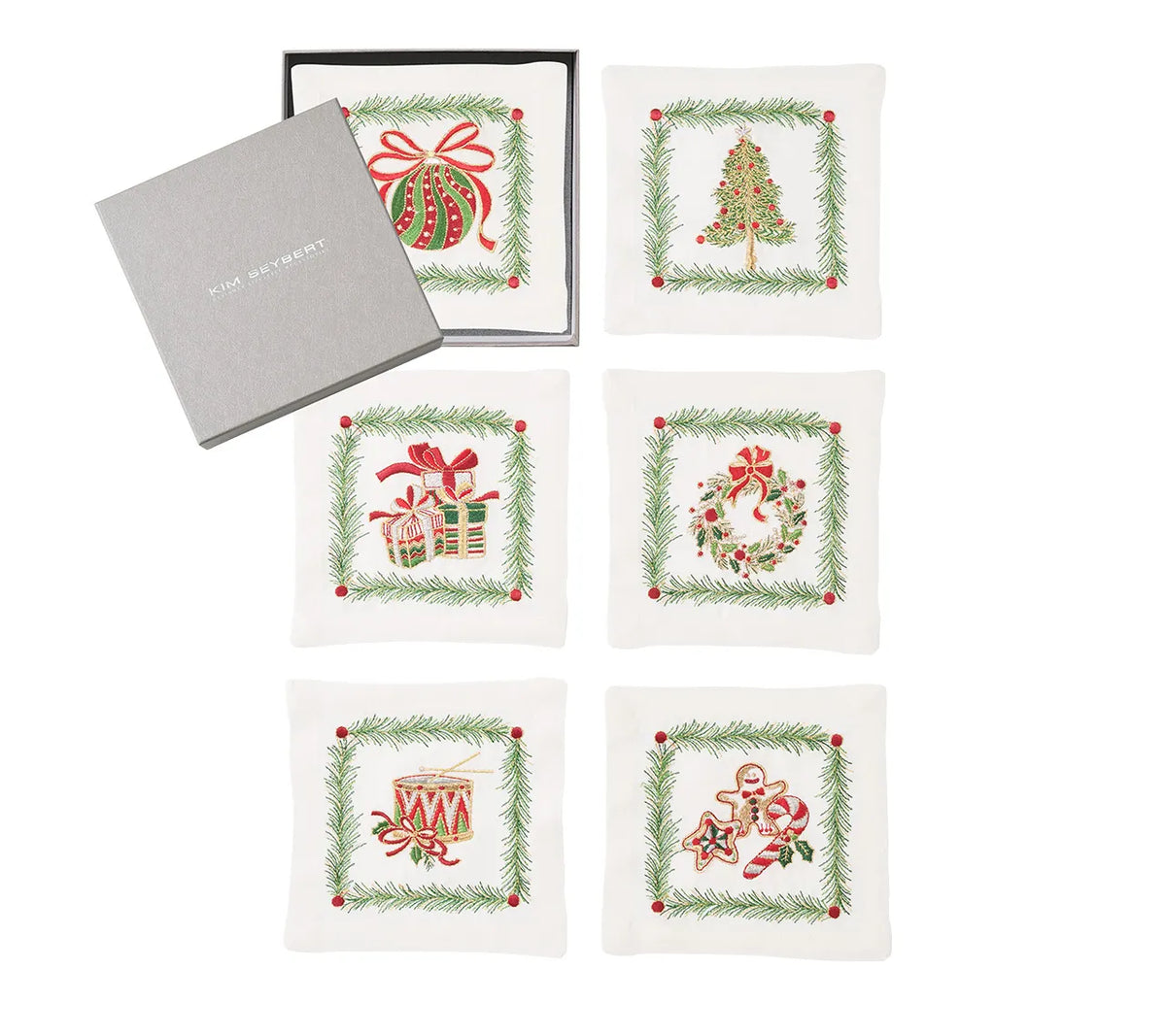 Xmas Trellis Cocktail Napkins in White & Multi, Set of 6 in a Gift Box