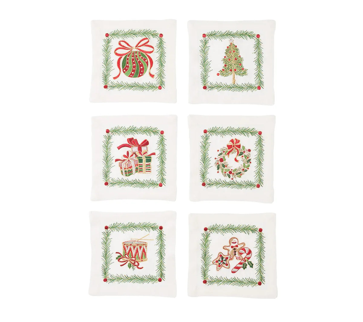 Xmas Trellis Cocktail Napkins in White & Multi, Set of 6 in a Gift Box