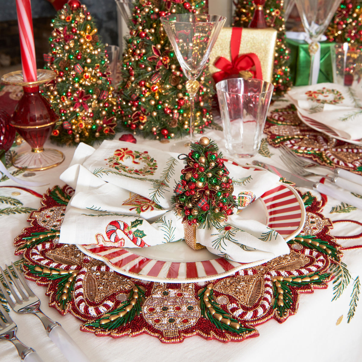 Tinsel Tree Napkin Ring in Red, Green & Gold, Set of 4