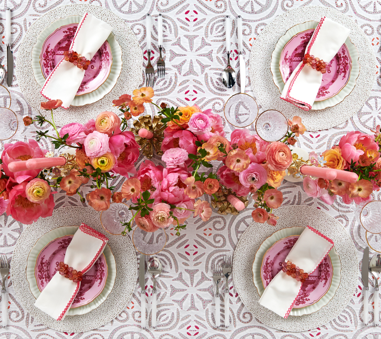 Malta Tablecloth in White, Pink & Orange