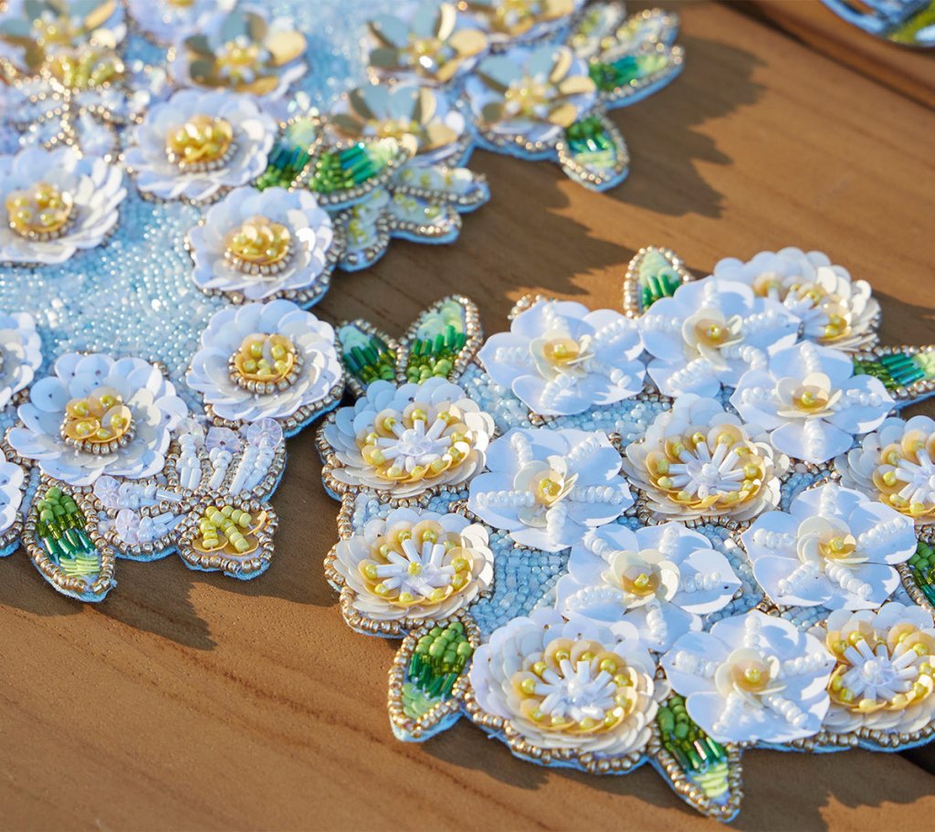 Kim Seybert, Inc.Gardenia Drink Coasters in Sky, White & Yellow, Set of 4 in a Gift BagDrink Coasters