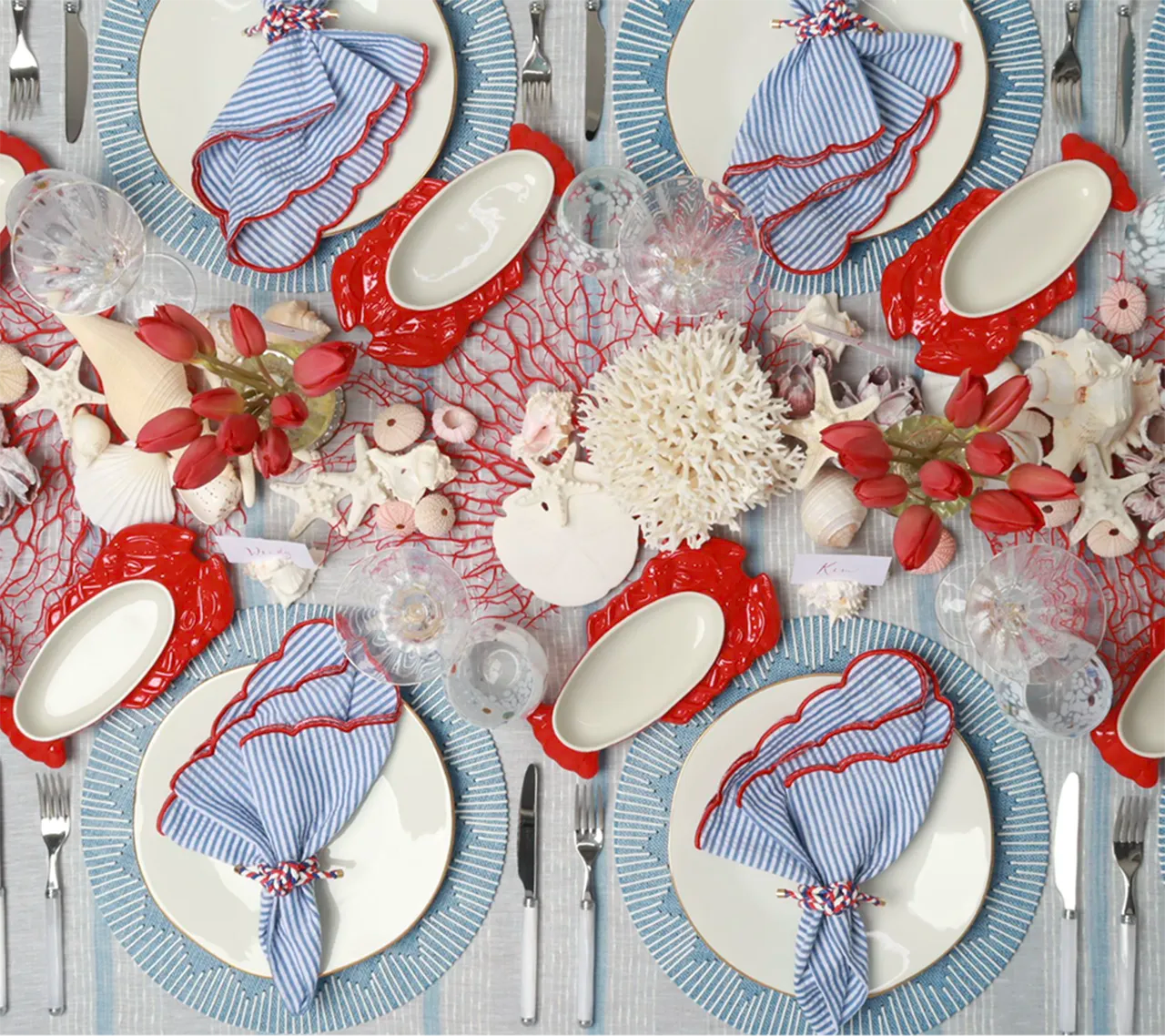 Ribbon Stripe Tablecloth in Ivory & Blue