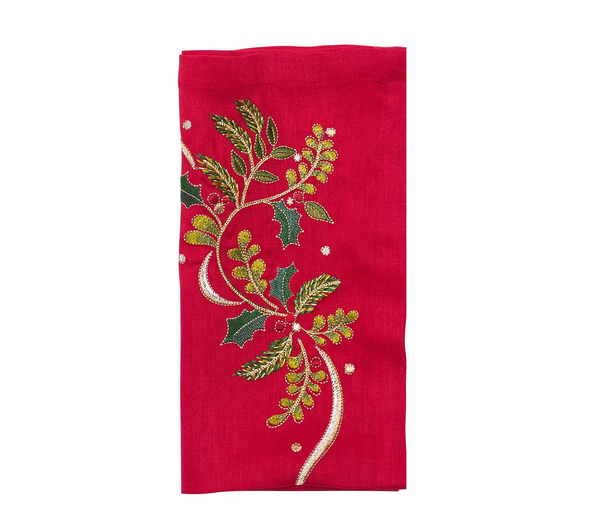 Holly Ribbon Napkin in Red, Green & Gold, Set of 4