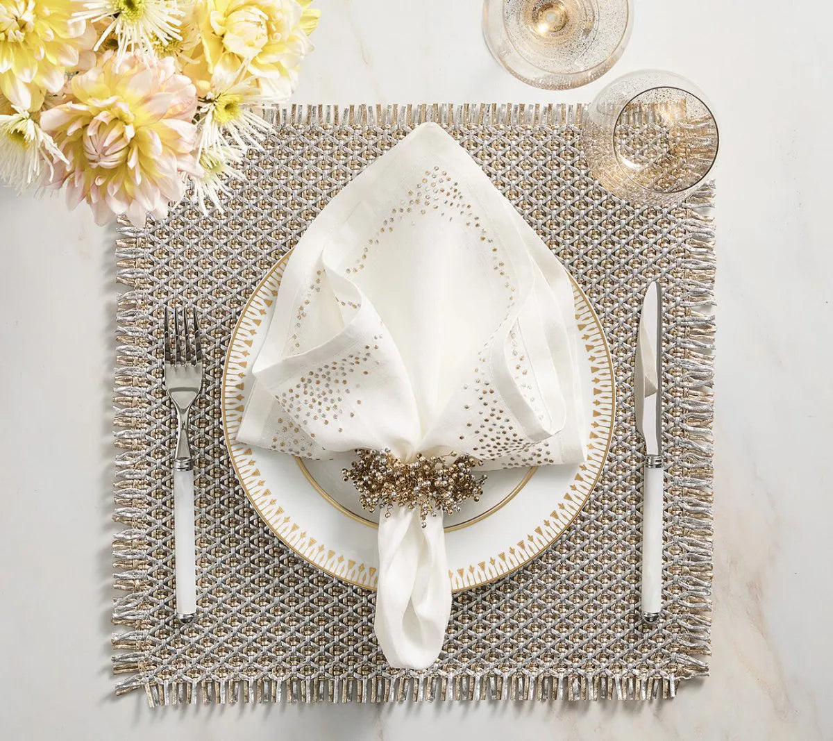 Pin Dot Napkin in White & Gold & Silver, Set of 4