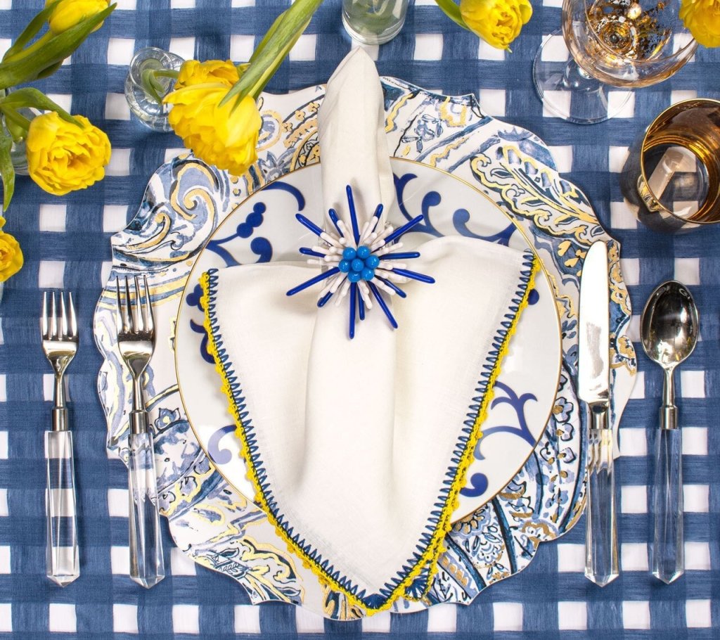 Knotted Edge Napkin in White, Blue & Yellow, Set of 4